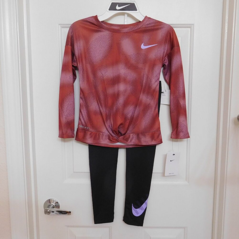 NWT 2pc Nike Burgundy Lilac Knot Waist Top & Black Leggings Set sz 6